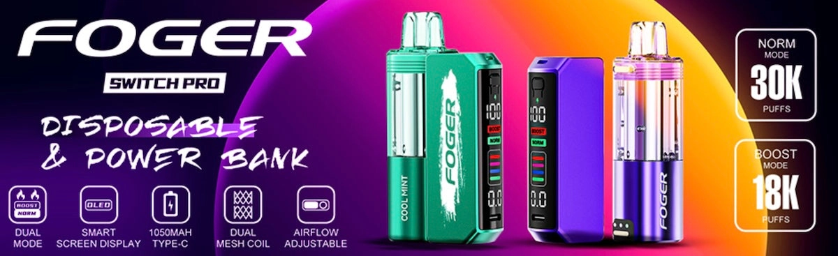 Step-by-step diagram showing how to attach a pod to the foger vape battery, with arrows indicating the magnetic connection